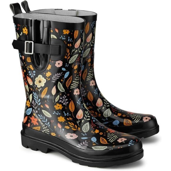 Shoes - Women's Fashionable Waterproof Garden Mud Rubber Rain Flower Leaves Black Boots